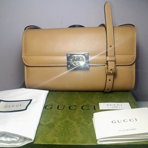 NEW! GUCCI MATISSE LEATHER BAG SOFT LEATHER BEIGE CLAIRE SILVER/GOLD GG LOCK - Picture 4 of 16